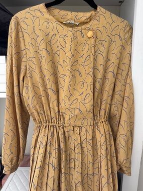 Vtg Yellow Abstract Print Long Sleeves Dress Sz M/L